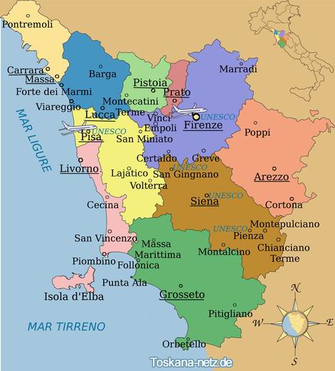Map of Tuscany. Tuscany provinces, cities and towns