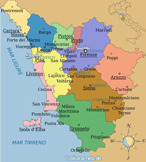 Tuscany Map With Towns Map Of Tuscany. Tuscany Provinces, Cities And Towns